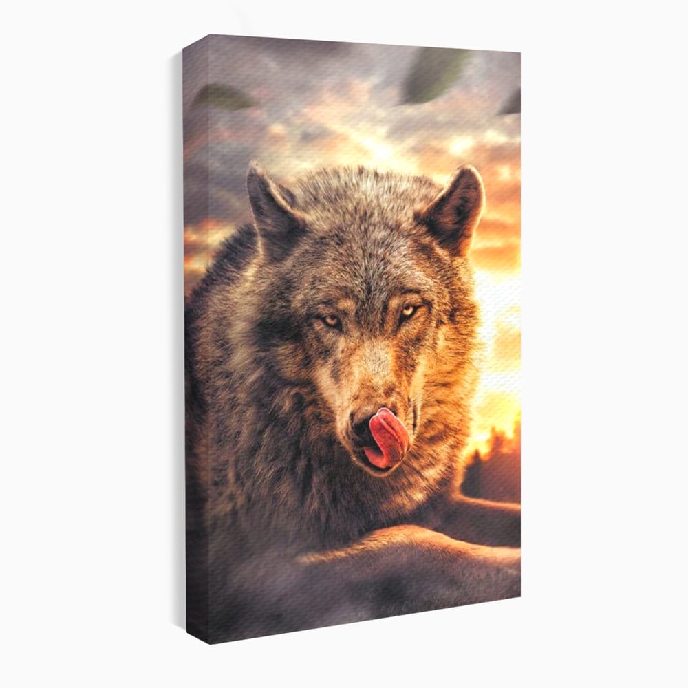 Tablou canvas cu tablou canvas cu lup salbatic la apus, fara rama, pe sasiu de lemn